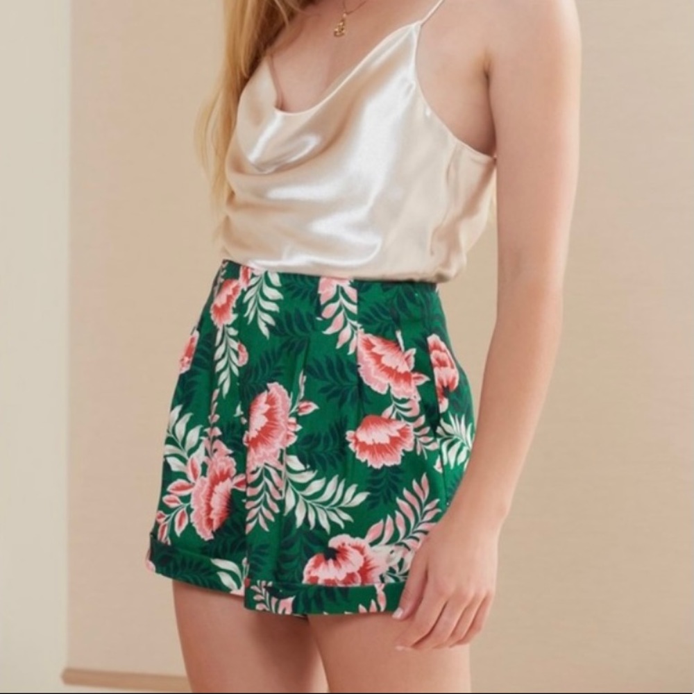 Anthropologie Green Floral High-Waist Shorts